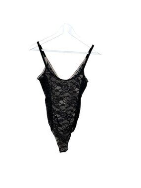 Topshop Black & Nude Lace Tank Body Suit, Sheer Back, Size 6 (US)